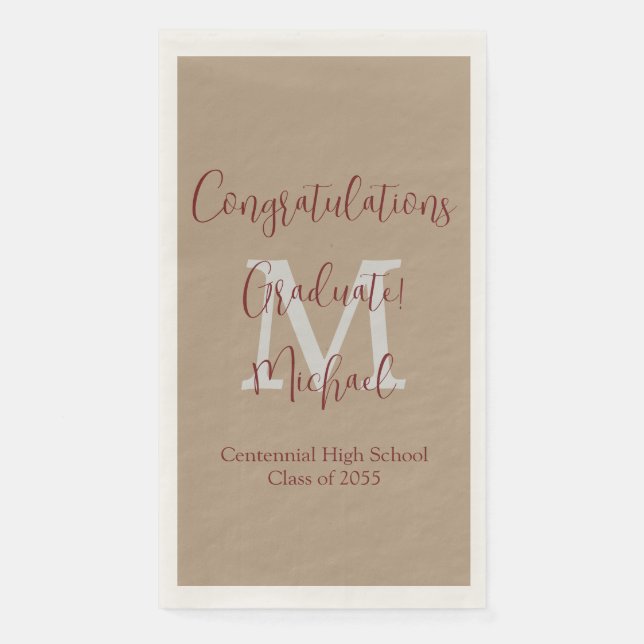 Tan and Brown Monogrammed Minimal Graduation Party Paper Guest Towels (Front)