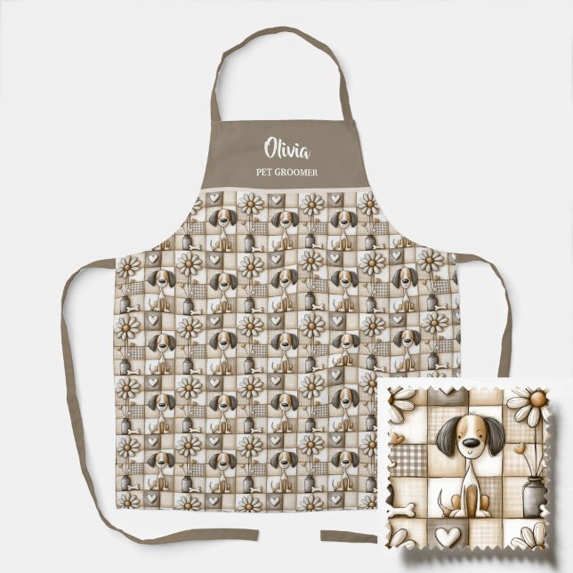 Tan and Brown Patchwork Dog Pattern Pet Groomer Apron (Creator Uploaded)