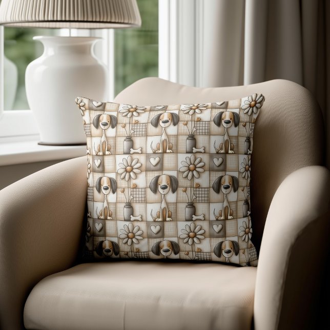 Tan and Brown Patchwork Dog Pattern Throw Pillow (Creator Uploaded)