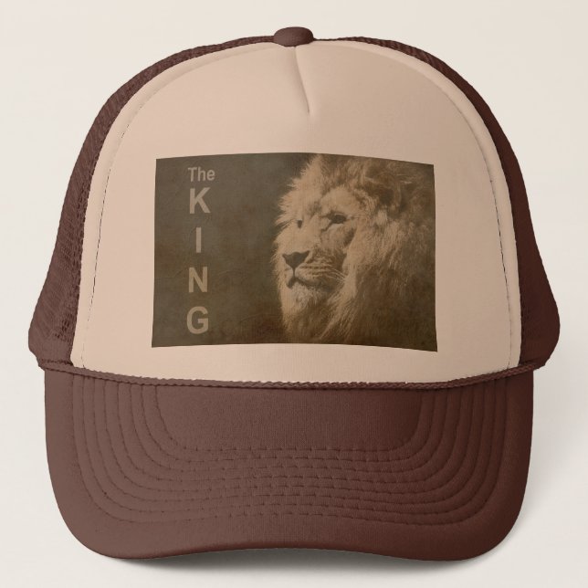 Tan And Brown Pop Art Lion Head White Elegant Trucker Hat (Front)