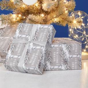 Tan and Gray Winter Foliage Merry Christmas Wrapping Paper