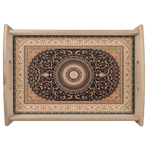 Tan and Green Persian Carpet Serving Tray