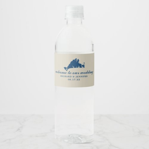 Tan and Navy Blue Marthas Vineyard Map Wedding Water Bottle Label