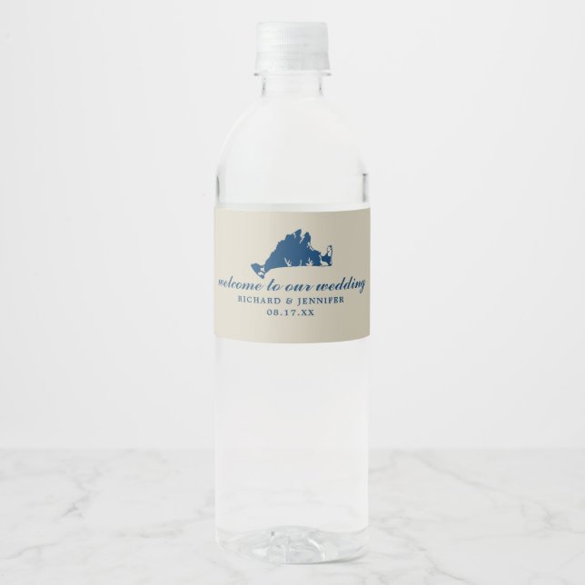 Tan and Navy Blue Marthas Vineyard Map Wedding Water Bottle Label (Front)