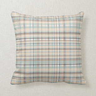 Tan and Pale Blue Plaid Pattern Throw Pillow
