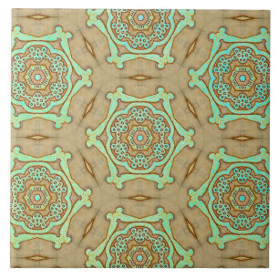 Tan and Turquoise Arabesque Ceramic Tile