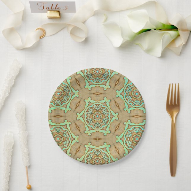Tan and Turquoise Arabesque  Paper Plates (Wedding)