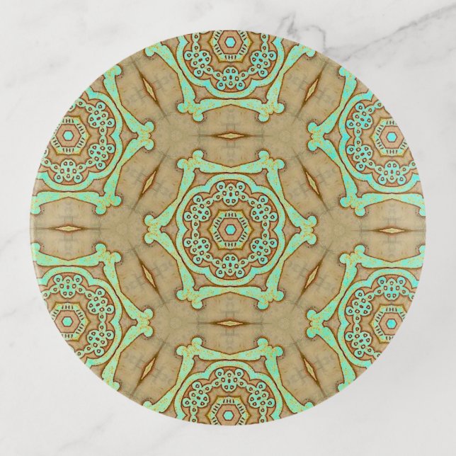 Tan and Turquoise Arabesque  Trinket Tray (Front)