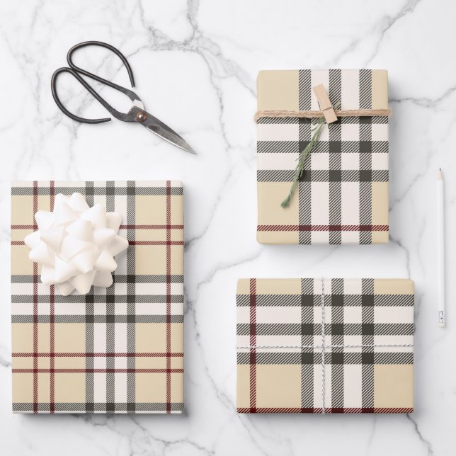 Tan and White Buffalo Plaid Gingham Wrapping Paper Sheets (Front)