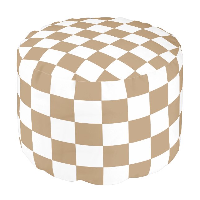 Tan and White Checked Pouf (Angled Front)