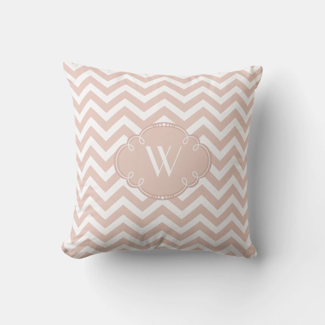 Tan and White Chevron with Monogram Throw Pillow (Front)
