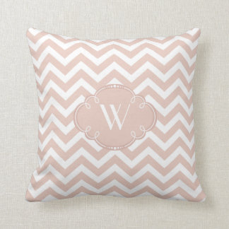 Tan and White Chevron with Monogram Throw Pillow