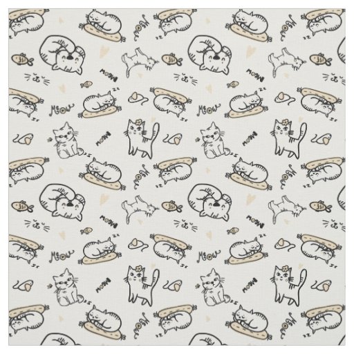 Tan and White Cute Cat Illustrations Pattern Fabric | Zazzle