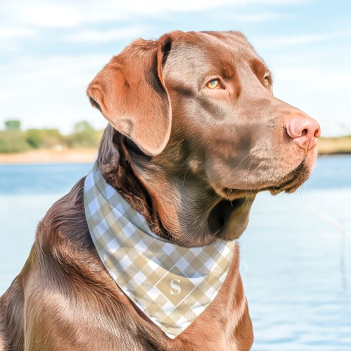 Tan And White Diagonal Buffalo Plaid Monogram Pet Bandana Collar