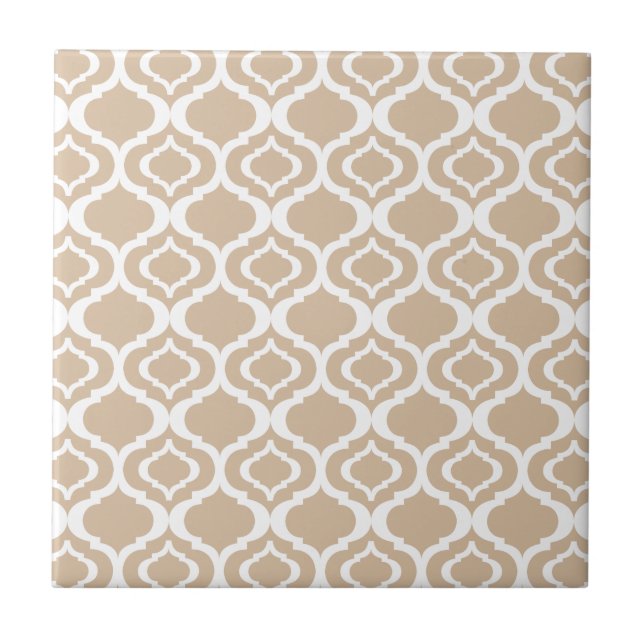 Tan and White Geometric Moroccan Lattice Pattern Ceramic Tile (Front)