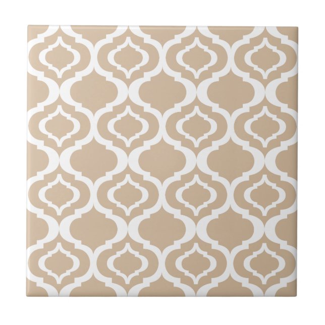 Tan and White Geometric Moroccan Lattice Pattern Ceramic Tile (Front)