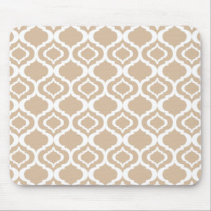 Tan and White Geometric Moroccan Lattice Pattern Mouse Pad