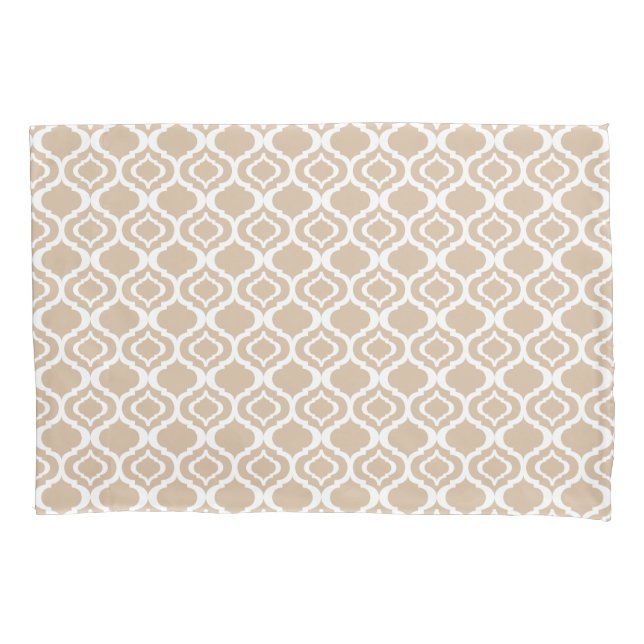Tan and White Geometric Moroccan Lattice Pattern Pillow Case (Front)