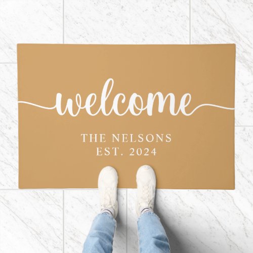 Tan and White Married Family Name Welcome Doormat