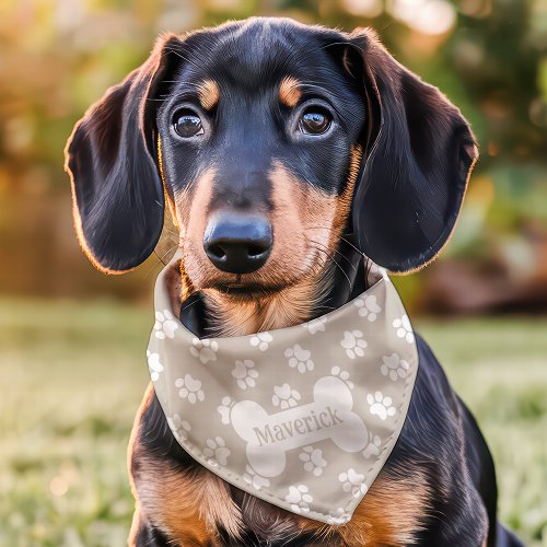 Tan And White Paw Print Dog Bone Custom Name Pet Bandana Collar