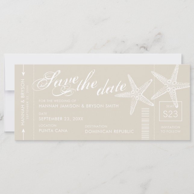 Tan and White Starfish Boarding Pass Ticket Save The Date (Front)