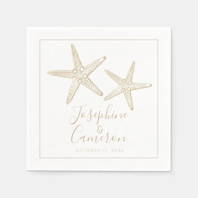 Tan and White Starfish Destination Beach Wedding Napkins (Front)