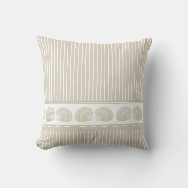 Tan and White Stripes with Seashells Throw Pillow (Front)