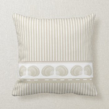 Tan And White Stripes With Seashells Throw Pillow by kitandkaboodle at Zazzle