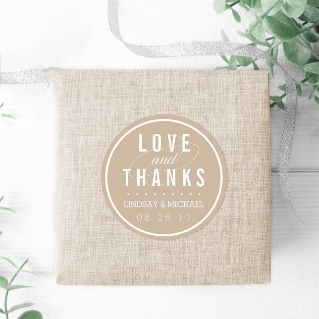 Tan and White Wedding Favor Thank You Classic Round Sticker (Creator Uploaded)