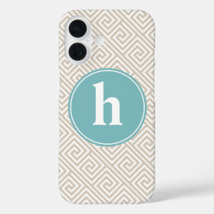Tan & Aqua Greek Key Pattern Monogram iPhone 16 Case