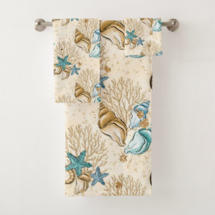 TAN & AQUA TURQUOISE SEASHELLS BATH TOWEL SET