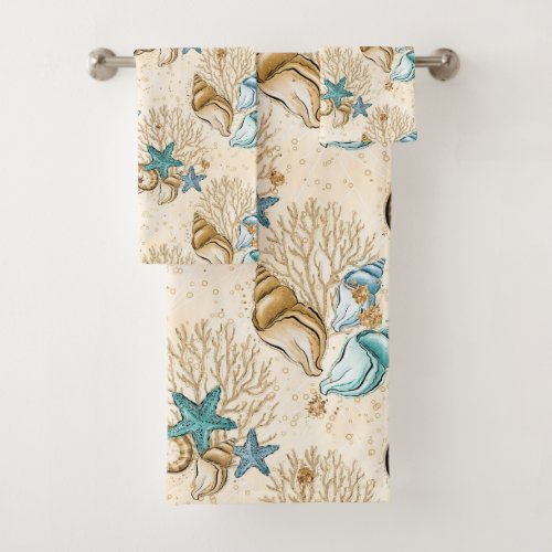 TAN  AQUA TURQUOISE SEASHELLS BATH TOWEL SET