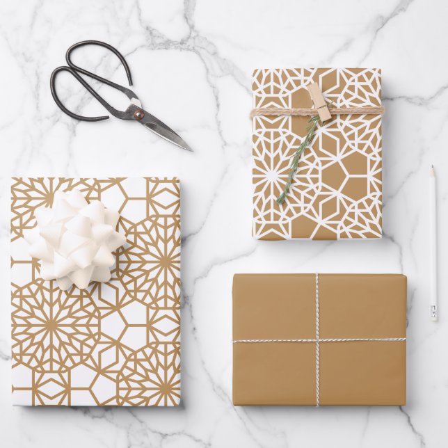 Tan Arabesque Geometric Pattern Wrapping Paper Sheets (Front)
