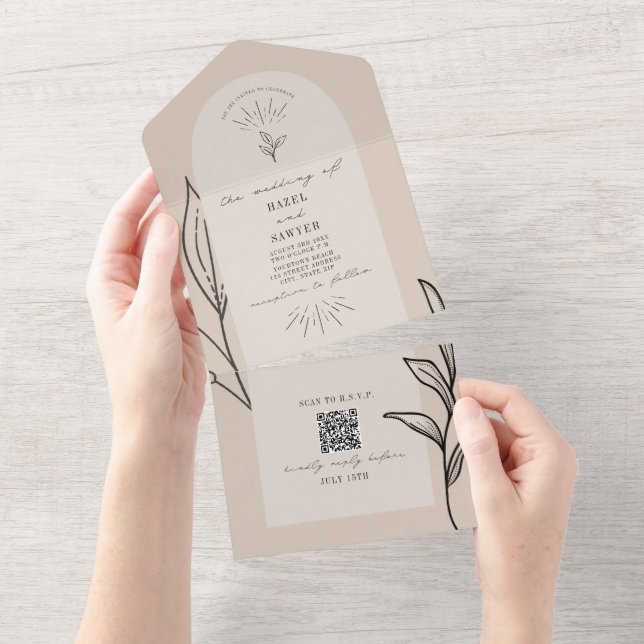 Tan Arch Wedding QR RSVP All In One Invitation (Tearaway)
