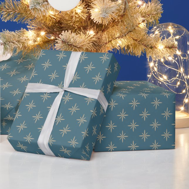 Tan Atomic Starbursts on Blue Mid Century Wrapping Paper (Holidays)