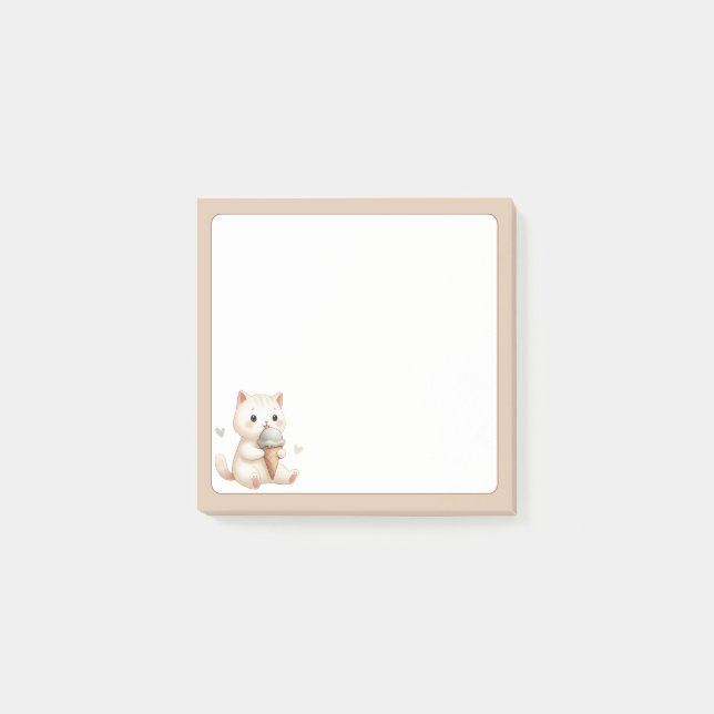 Tan Background Cute Cat with Ice Cream Cone Post-it Notes (Front)