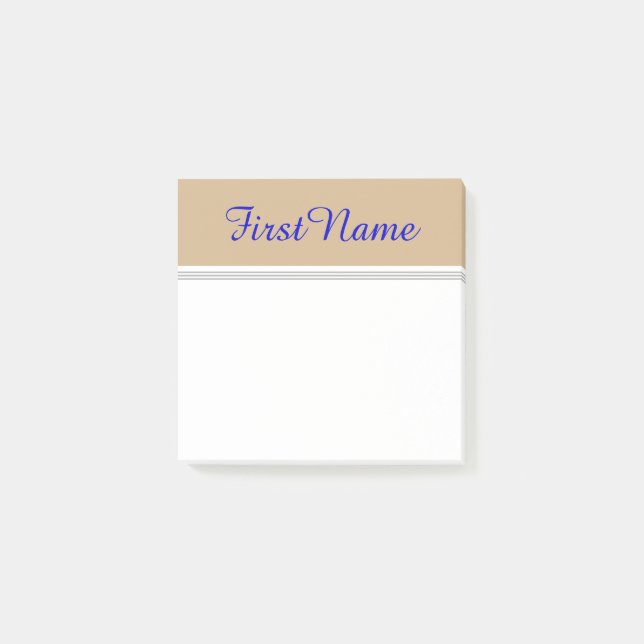 Tan Background w/ Blue Elegant Personalized Name Post-it Notes (Front)