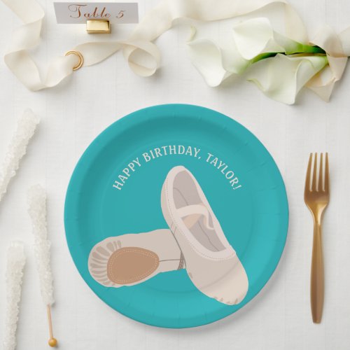 Tan Ballet Shoes on Teal Personalized Party Paper Plates