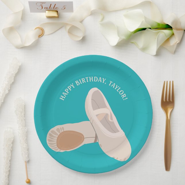Tan Ballet Shoes on Teal Personalized Party Paper Plates (Wedding)