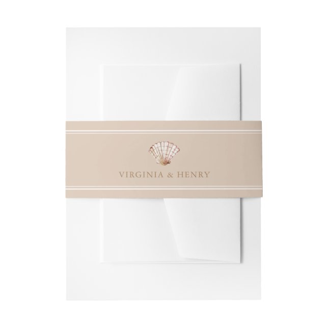 Tan Beach Seashell Wedding Invitation Belly Band (Front Example)