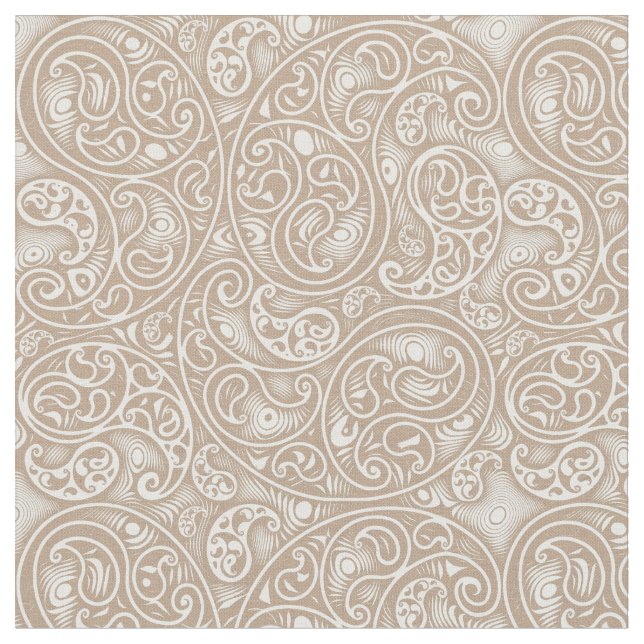 Tan Beige and White Paisley Boteh Pattern Fabric (Close Up)