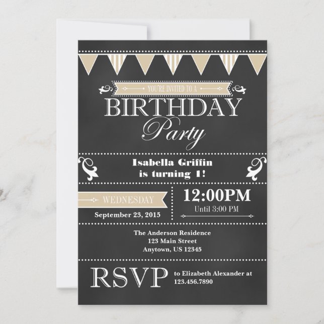 Tan Beige Black Chalkboard Birthday Invitation (Front)