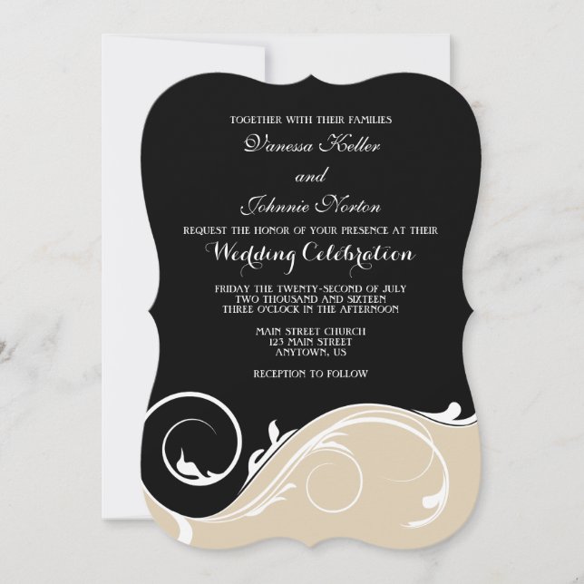Tan Beige Black Swirl Bracket Wedding Invites (Front)