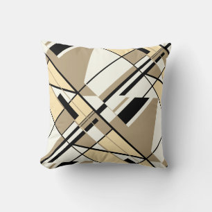 Tan, Beige, Black, White Diagonal Abstract Design Throw Pillow