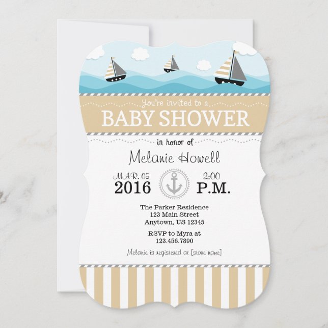 Tan Beige Blue Nautical Baby Shower Invitation (Front)