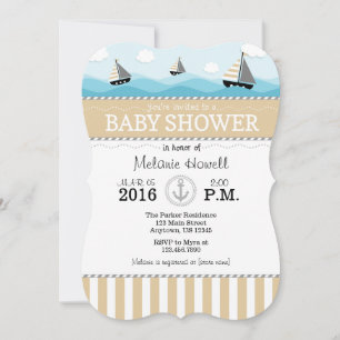 Tan Beige Blue Nautical Baby Shower Invitation