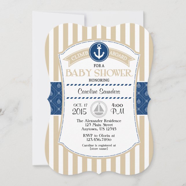 Tan Beige Blue Nautical Baby Shower Invitation (Front)