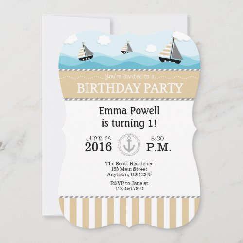 Tan Beige Blue Nautical Birthday Invitation