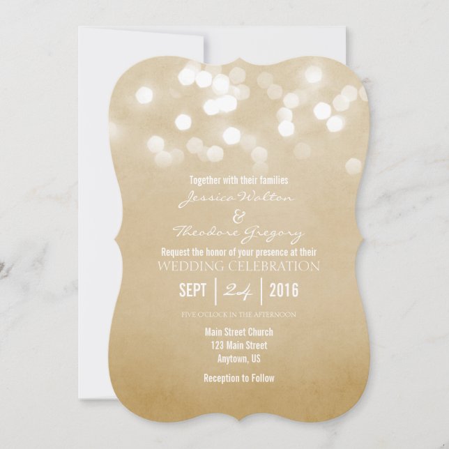Tan Beige Bokeh Glitter Lights Wedding Invitation (Front)