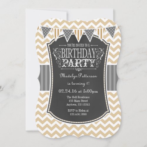 Tan Beige Brown Chalkboard Chevron Birthday Invite